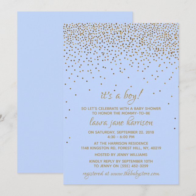 Invitación ¡Es un niño! Baby Shower Blue & Gold Confetti (Anverso / Reverso)