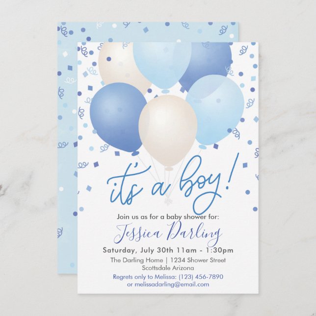 Invitación Es un niño Baby Shower con globos azules y confett (Anverso / Reverso)