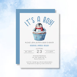 Invitación Es un niño Baby Shower de pingüino azul invernal