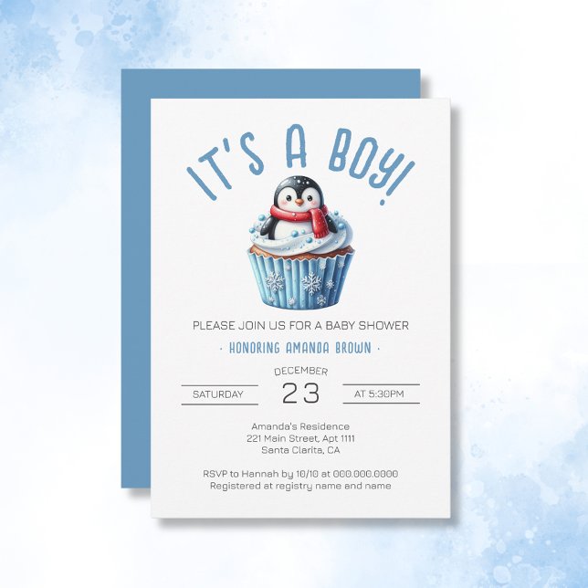 Invitación Es un niño Baby Shower de pingüino azul invernal (It's A Boy Winter Blue Penguin Baby Shower Invitation)