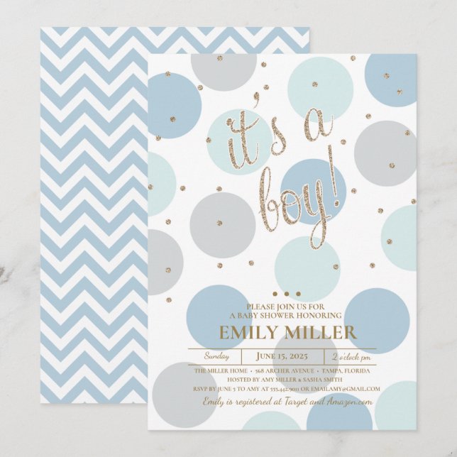 Invitación Es un niño - Baby Shower gris, turquesa y azul (Anverso / Reverso)
