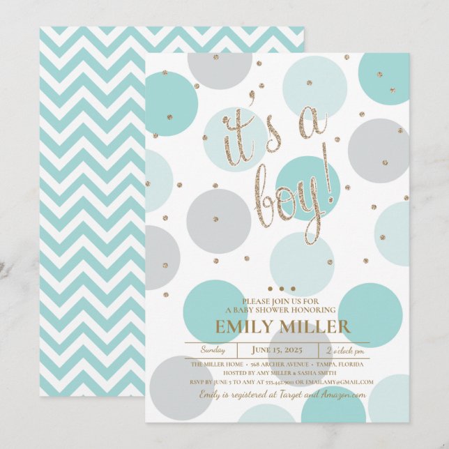Invitación Es un niño - Baby Shower gris, turquesa y dorado (Anverso / Reverso)