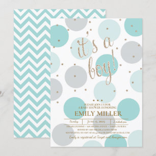 Invitación Es un niño - Baby Shower gris, turquesa y dorado