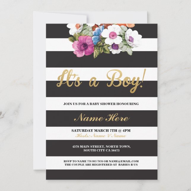 Invitación Es un niño Baby Shower Stripe Gold Floral Invite (Anverso)