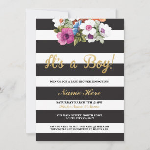 Invitación Es un niño Baby Shower Stripe Gold Floral Invite