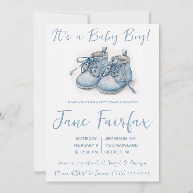 Invitación ¡Es un niño bebé! Baby Shower de zapatos de bebé a (Anverso)