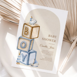 Invitación Es un niño Blue Boho Bloques y Juguetes Baby Showe