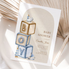 Invitación Es un niño Blue Boho Bloques y Juguetes Baby Showe