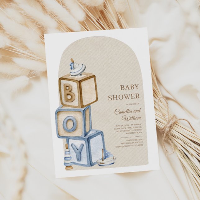 Invitación Es un niño Blue Boho Bloques y Juguetes Baby Showe (Subido por el creador)