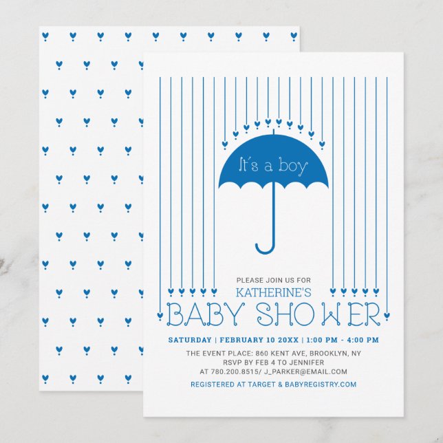 Invitación Es un niño | Blue Hearts & Umbrella Baby Shower (Anverso / Reverso)