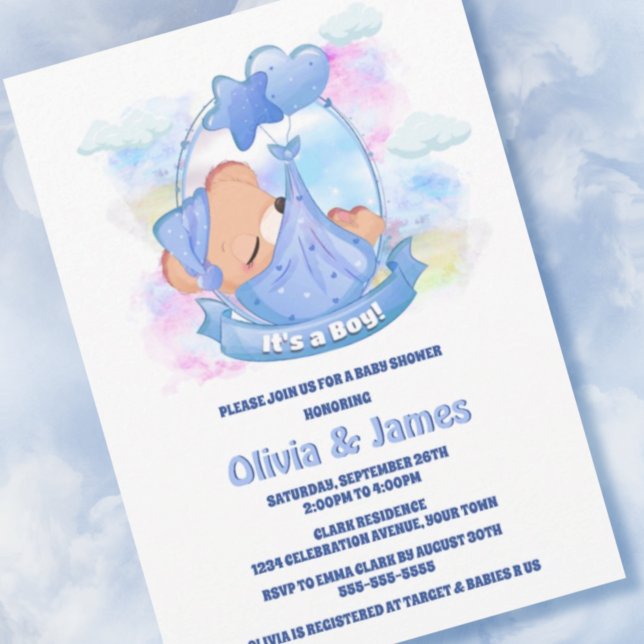 Invitación ¡Es un niño! Blue Teddy Bear Balloons Baby Shower (Subido por el creador)
