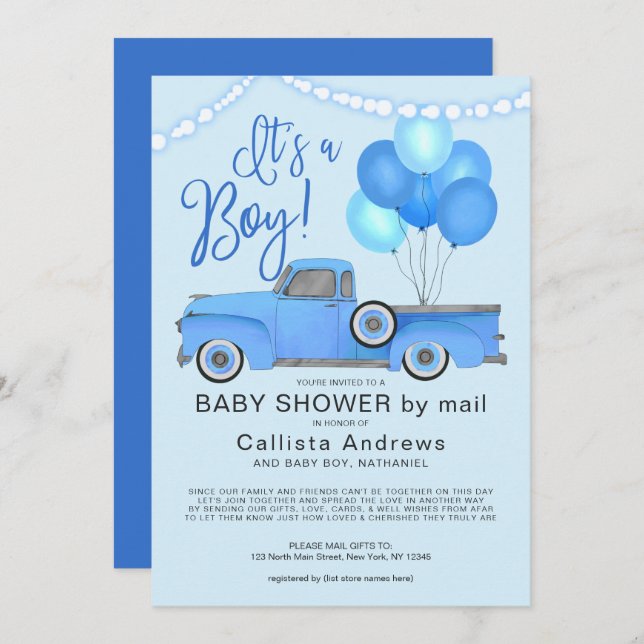 Invitación Es un niño Blue Truck Balloons Luces Baby Shower (Anverso / Reverso)