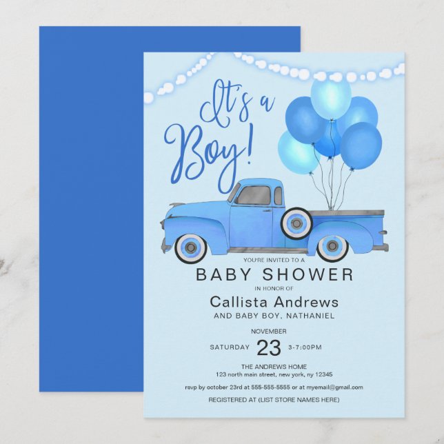 Invitación Es un niño Blue Truck Balloons Luces Baby Shower (Anverso / Reverso)