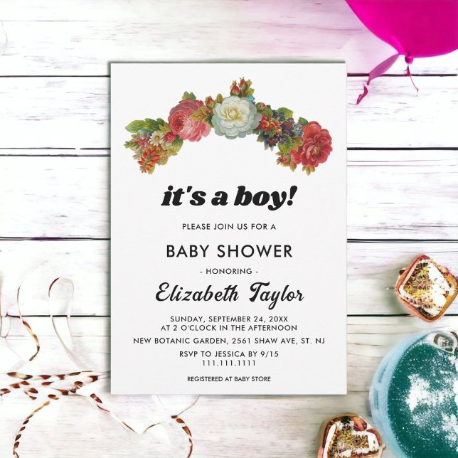 Invitación Es un niño Boho Baby Shower floral de rosas rojas  (Subido por el creador)