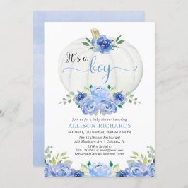 Invitación Es un niño calabaza azul floral ducha de bebé blan