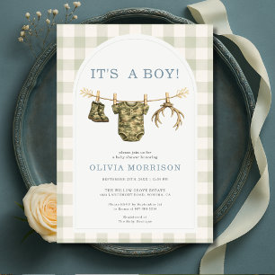Invitación Es un niño Camuflaje de caza a cuadros Baby Shower