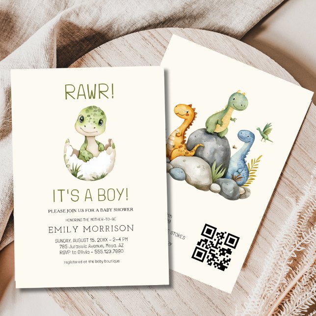 Invitación Es un niño código QR Boho Dinosaur Baby Shower (Subido por el creador)