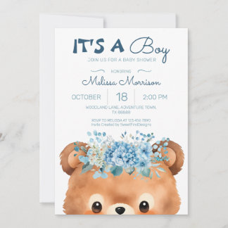 Invitación Es un niño con el Baby Shower azul de oso