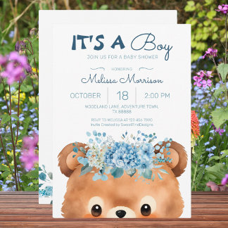Invitación Es un niño con el Baby Shower azul de oso