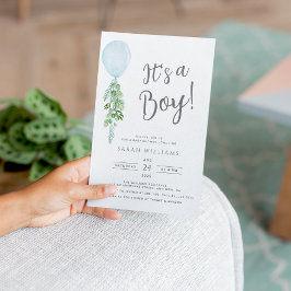 Invitación Es un niño con un globo azul Eucalyptus Baby Showe