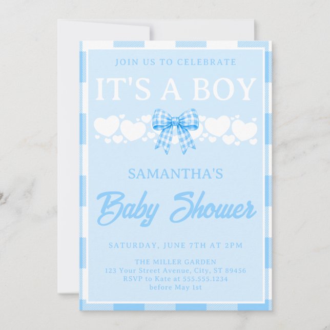 Invitación Es un Niño Cumpleaños Azul Gingham Lazo (Anverso)