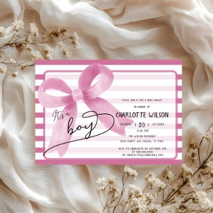 Invitación Es un niño Cumpleaños con lazo rosa y rayas Baby S