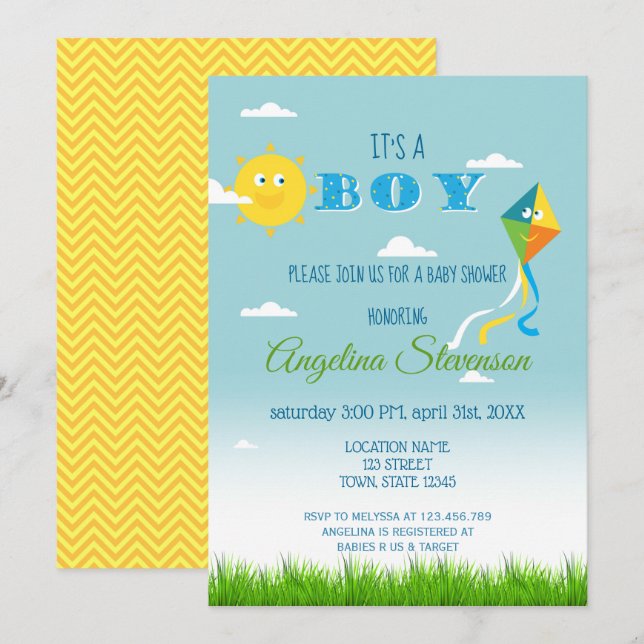 Invitación Es un Niño Cumpleaños de Bebe Cometa del Sol Lindo (Anverso / Reverso)