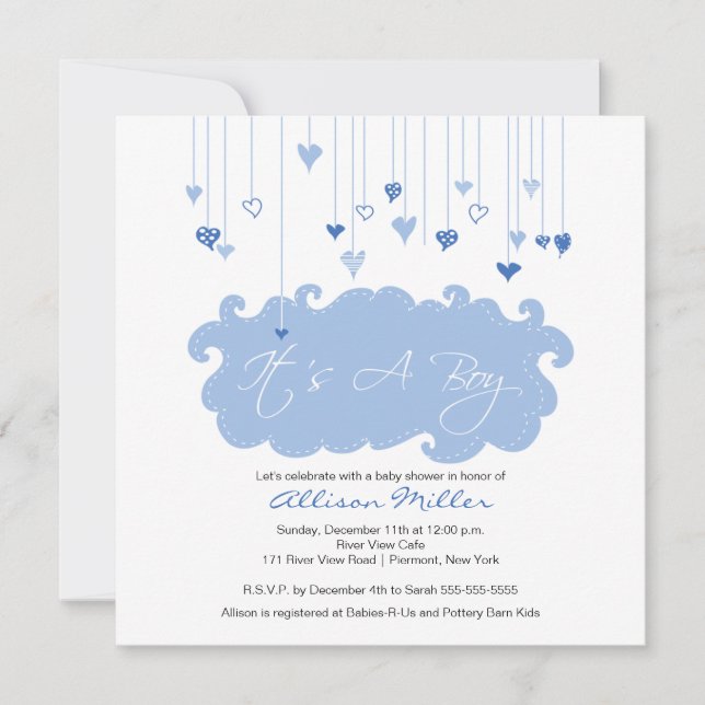 Invitación Es un niño de corazón azul Baby Shower (Anverso)