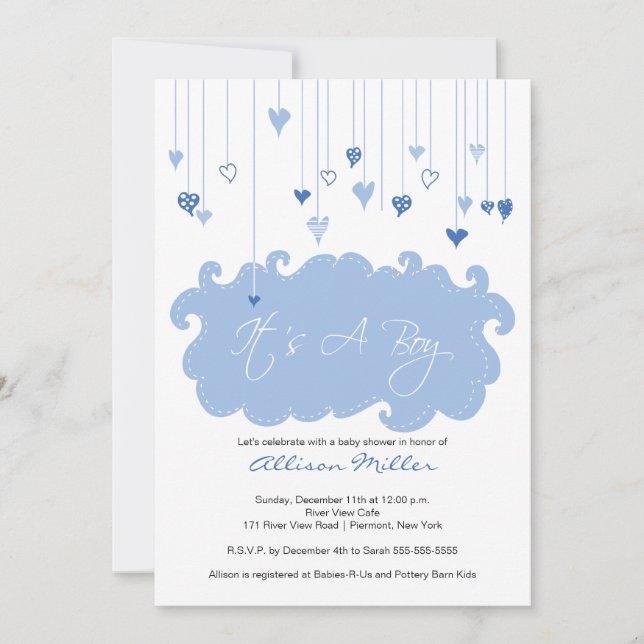 Invitación Es un niño de corazón azul Baby Shower (Anverso)