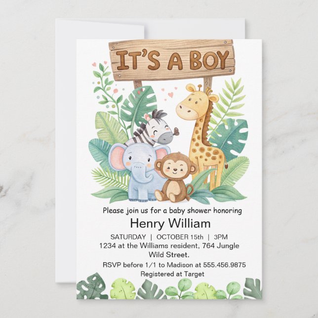 Invitación Es un niño de la jungla de los animales de safari  (Anverso)