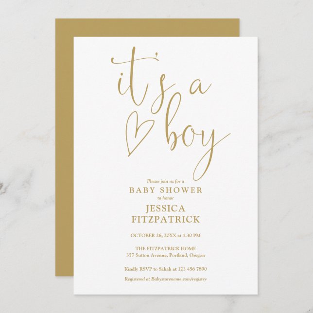 Invitación Es un niño de oro de la Baby Shower de Heart Boy (Anverso / Reverso)