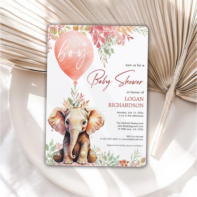 Invitación Es un niño de otoño con una ducha de bebé elefante (It's a boy autumn balloon elephant baby shower invitation)