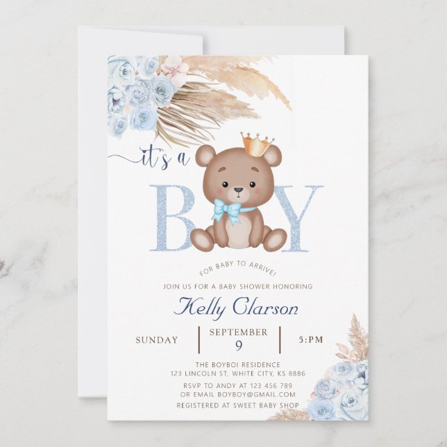 Invitación Es un niño de pampas azules Boho Teddy Bear Baby (Anverso)