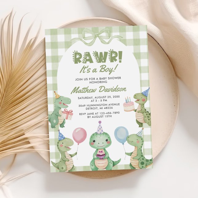 Invitación Es un niño dinosaurio Gingham Baby Shower (Subido por el creador)