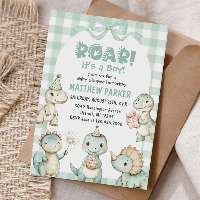 Invitación Es un niño dinosaurio Gingham Baby Shower (Subido por el creador)