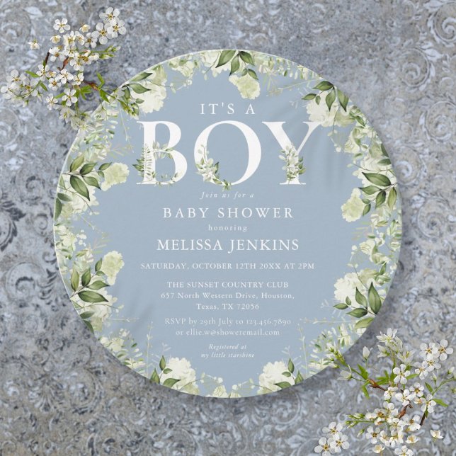 Invitación Es un niño Dusty Blue Greenery Carta Baby Shower (Its A Boy Dusty Blue Greenery Letter Baby Shower Invitation)