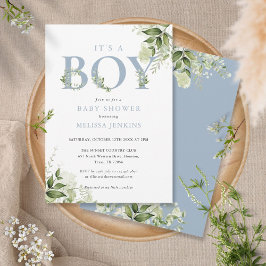 Invitación Es un niño Dusty Blue Greenery Carta Baby Shower