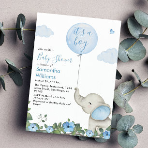 Invitación Es un niño elefante de globo azul Baby Shower