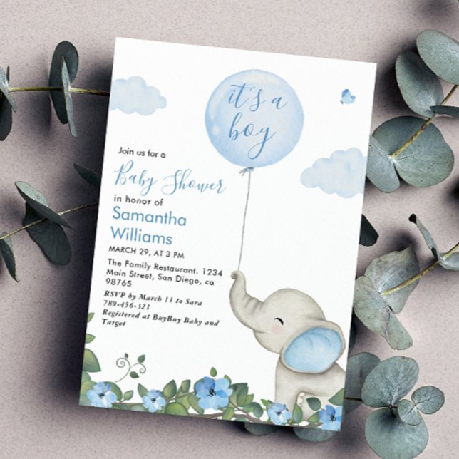 Invitación Es un niño elefante de globo azul Baby Shower (Subido por el creador)