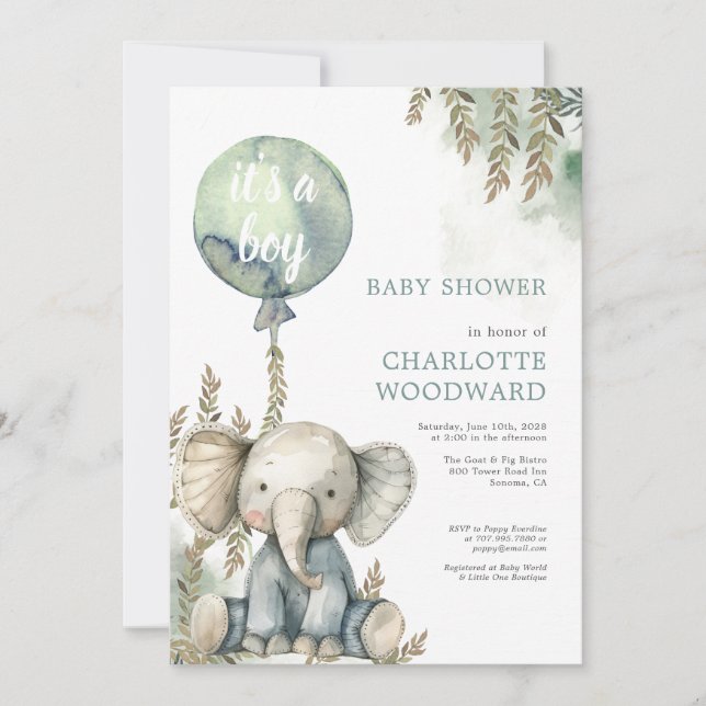 Invitación Es un niño elefante de globo azul Baby Shower (Anverso)