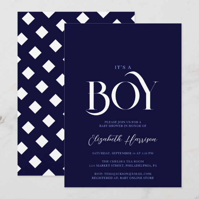 Invitación "es un niño" Elegante Moda Marina Azul Baby Shower (Anverso / Reverso)