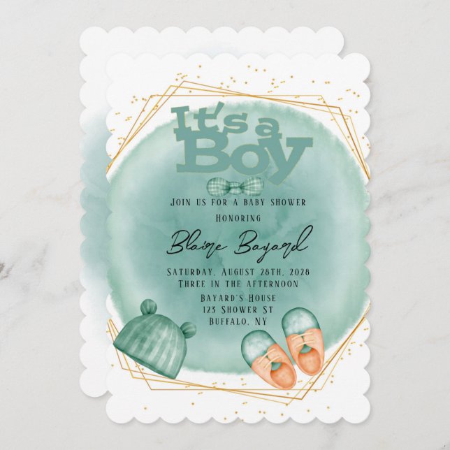 Invitación Es un niño en Mint Green y Gold Baby Shower Invi (Anverso / Reverso)