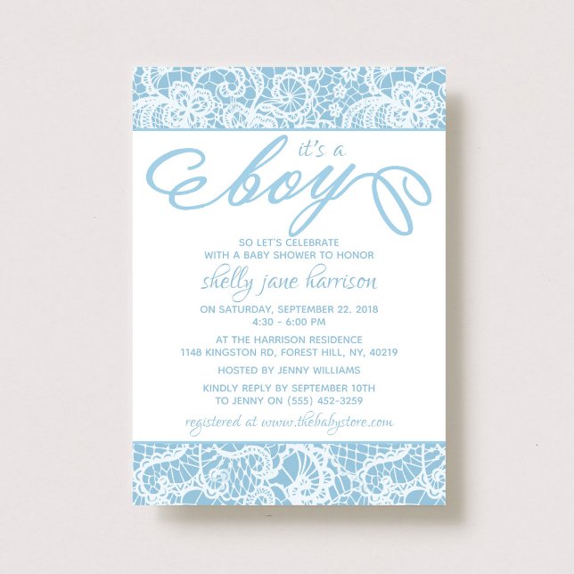 Invitación ¡Es un niño! Fancy Blue & White Lace Baby Shower (Subido por el creador)