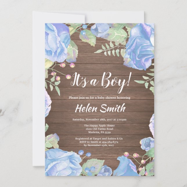 Invitación Es un niño floral azul Baby Shower Rustic Wood (Anverso)