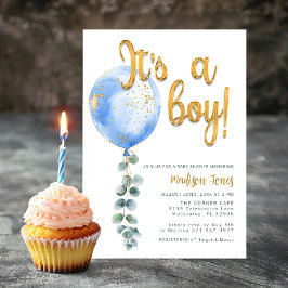 Invitación Es un niño globo azul Baby Shower Gold Script
