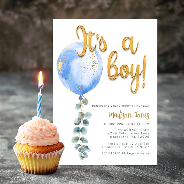 Invitación Es un niño globo azul Baby Shower Gold Script (It's a boy invitation)
