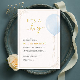 Invitación Es un niño globo azul floral dorado Baby Shower