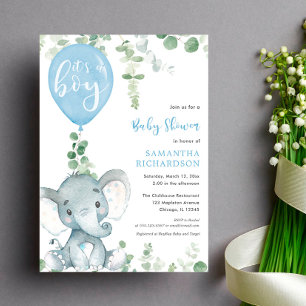 Invitación Es un niño globo azul lindo elefante bebé ducha