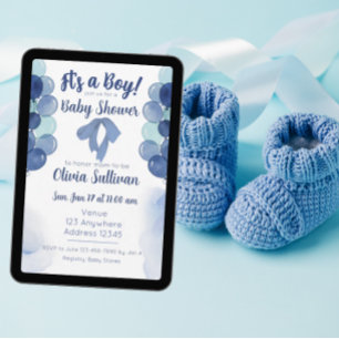 Invitación Es un Niño Globos de Acuarela Azules Baby Shower