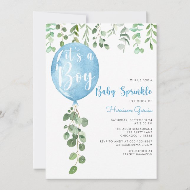 Invitación Es un niño infante kle eucalyptus globo (Anverso)